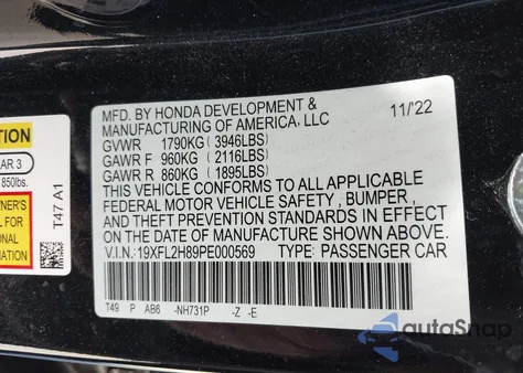 2023 Honda Civic Sport z USA, uszkodzony, nr VIN 19XFL2H89PE000569